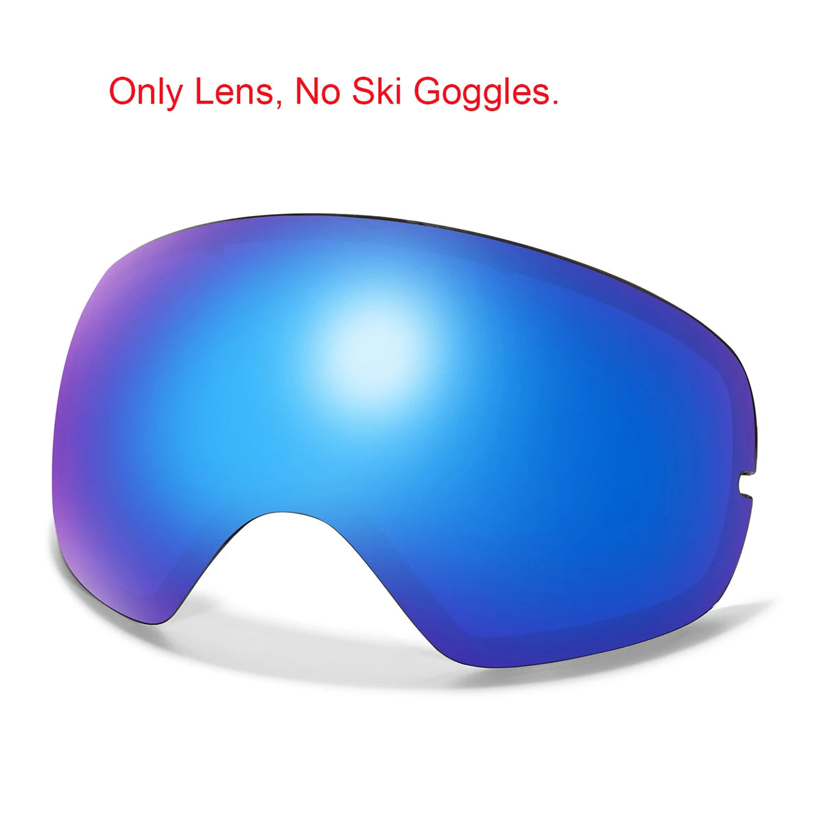 A close-up view of a blue lens for outdoor sports goggles, emphasizing the lens only feature.