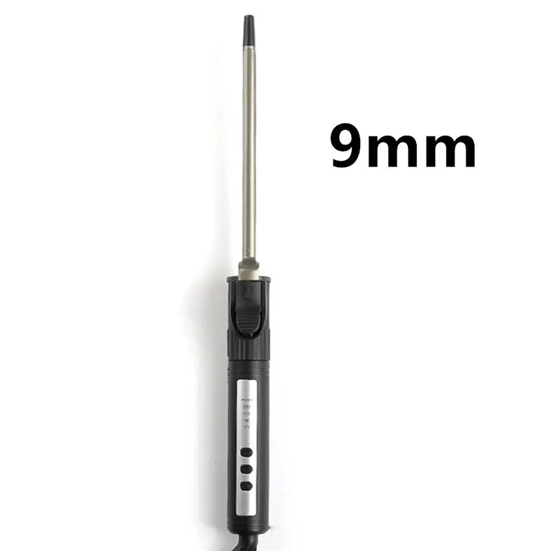 A close-up view of a professional ceramic hair curling iron with a 9mm barrel.