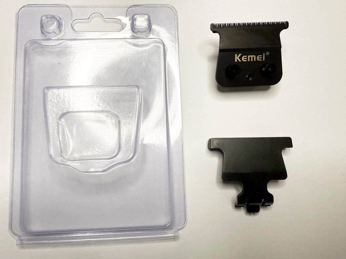 A package containing a Kemei brand cordless electric hair clipper and its replacement guard.