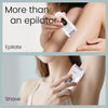 A woman is shown using a white electric device for epilation and shaving on her skin.