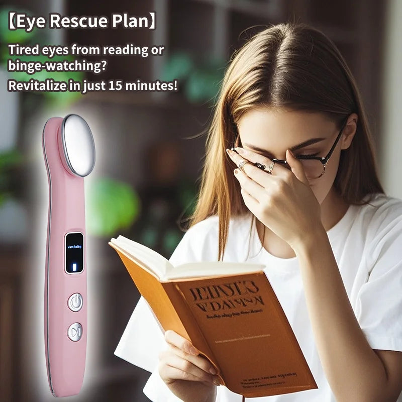 A woman is using a pink eye massager wand to relieve tired eyes while reading a book.