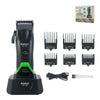 A black Kemel electric hair clipper trimmer with a green LED display and various attachments.