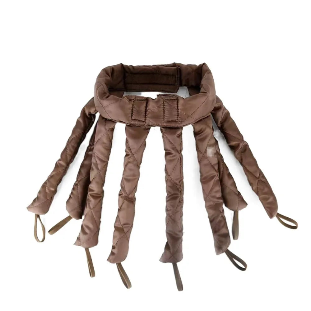 A set of brown removable heatless hair curlers for overnight styling.