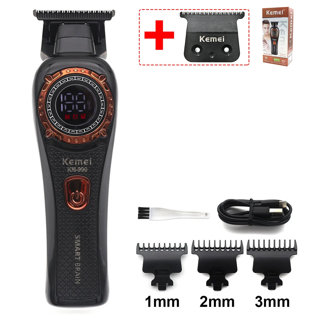 Black Kemei smart brain cordless hair trimmer with LED display and various guard attachments