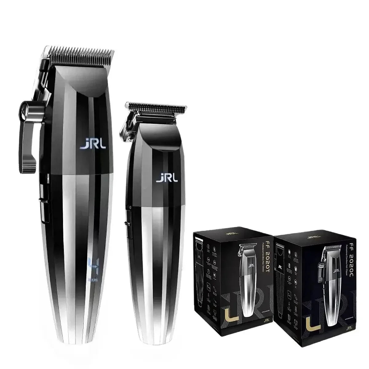 A black professional electric hair trimmer kit shown with the main unit and accessories in a box.