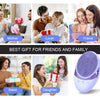 Silicone rechargeable facial cleansing brush shown with various users and a close-up of the product.