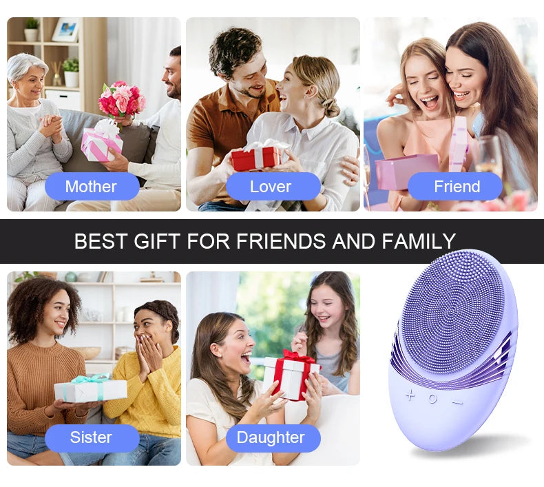 Silicone rechargeable facial cleansing brush shown with various users and a close-up of the product.