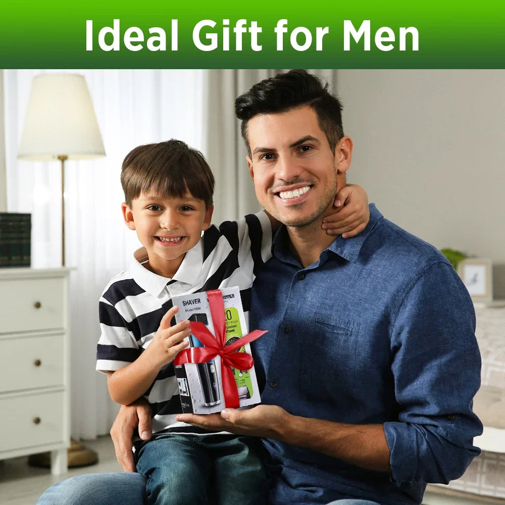 A man is holding a box of precision rechargeable beard trimmers for men with a smiling child beside him.