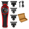 A red electric hair clipper and its accessories including combs and power cord.