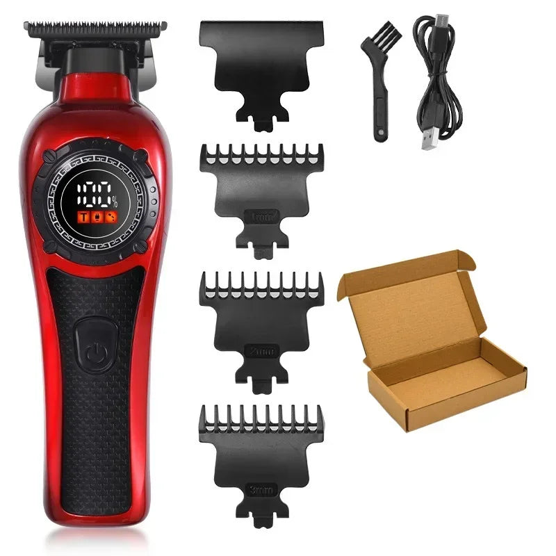 A red electric hair clipper and its accessories including combs and power cord.