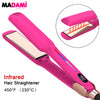 A pink infrared hair straightener with a heating element and a curling barrel shown in detail.