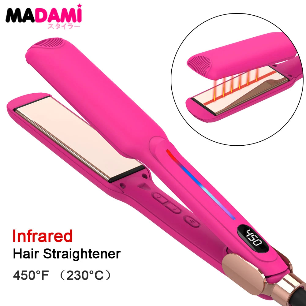 A pink infrared hair straightener with a heating element and a curling barrel shown in detail.
