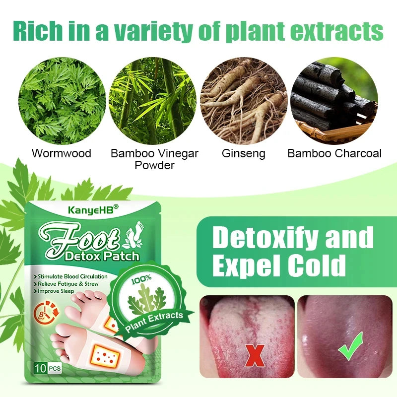 Detox foot patches for stress relief and detoxification showing various plant extracts like wormwood and ginseng