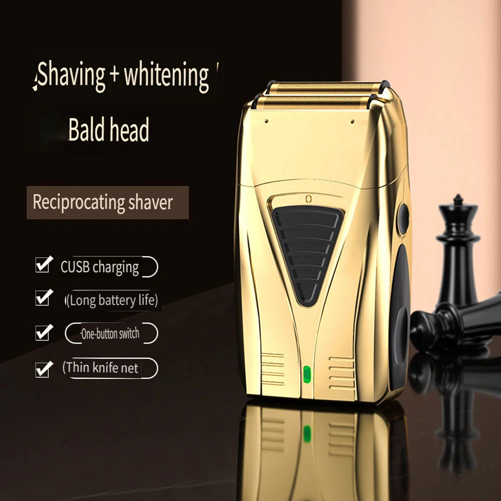 A gold electric shaver with a bald head and accessories is shown on a dark surface.
