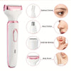 A white and pink 4-in-1 electric device for facial hair removal, including eyebrow, nose, and body shaving attachments.