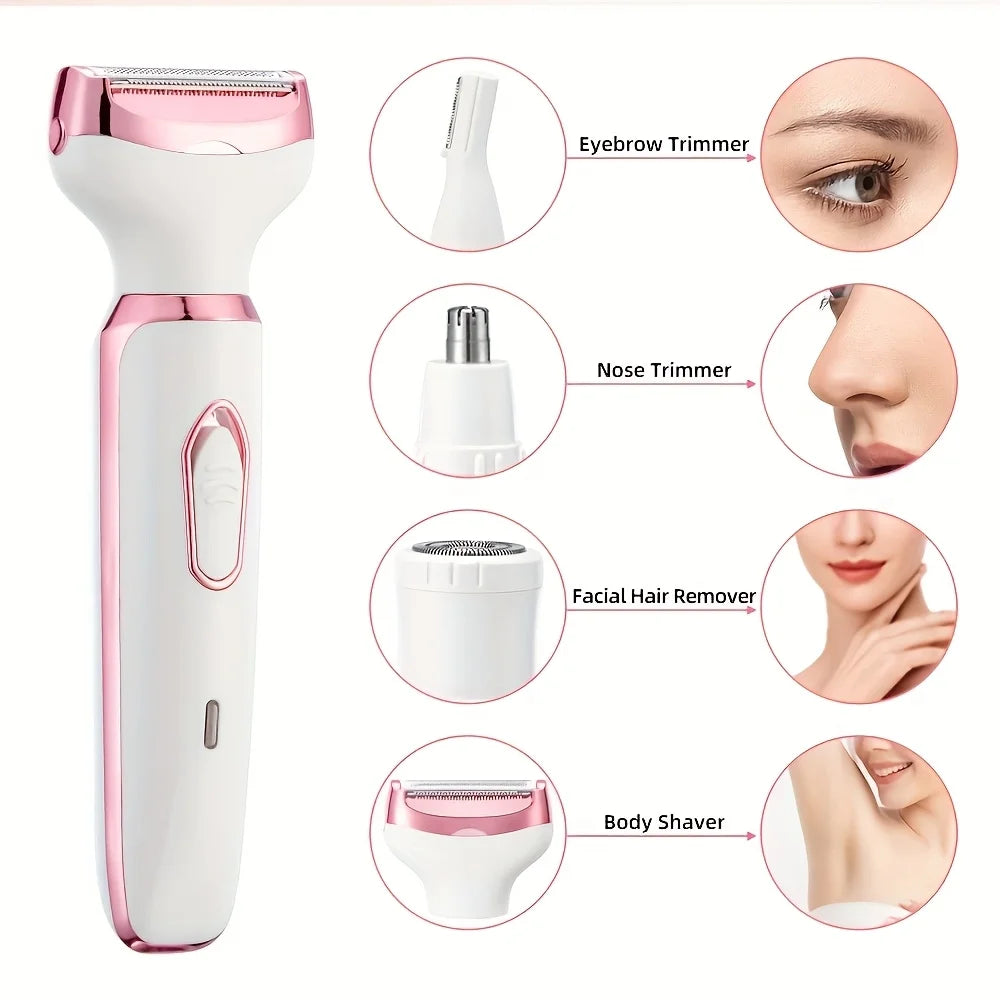 A white and pink 4-in-1 electric device for facial hair removal, including eyebrow, nose, and body shaving attachments.