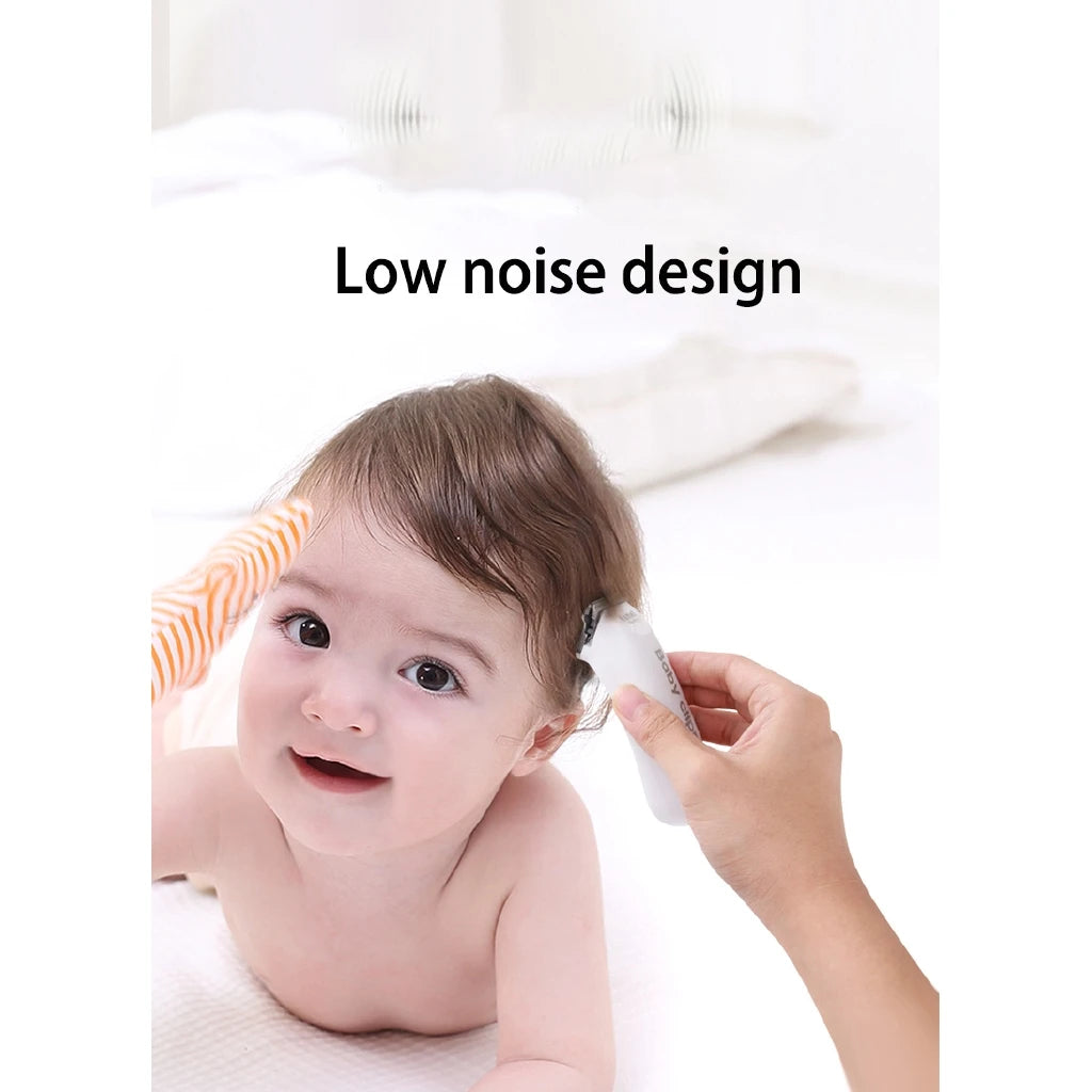 A baby is being groomed with a white electric hair trimmer on their head in a low noise design context.