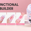 A white jar of Makartt 4 in 1 Glux Gel builder with various colored nail gels and a separate container.
