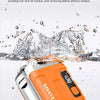 An orange and silver electric shaver is shown being used for life waterproofing, with water splashing around it.