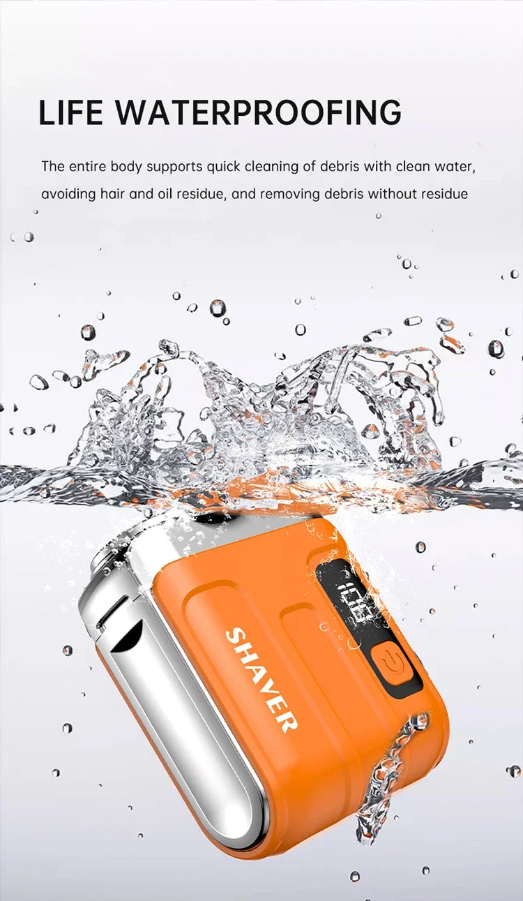 An orange and silver electric shaver is shown being used for life waterproofing, with water splashing around it.