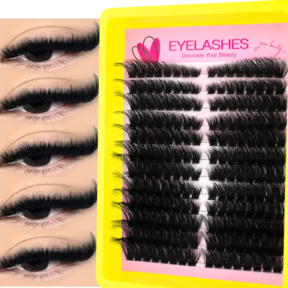 A box of faux mink individual lash clusters for DIY eyelash extensions displayed on a yellow background.