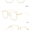 Front, side, and back views of oversized square gold-rimmed reading glasses.