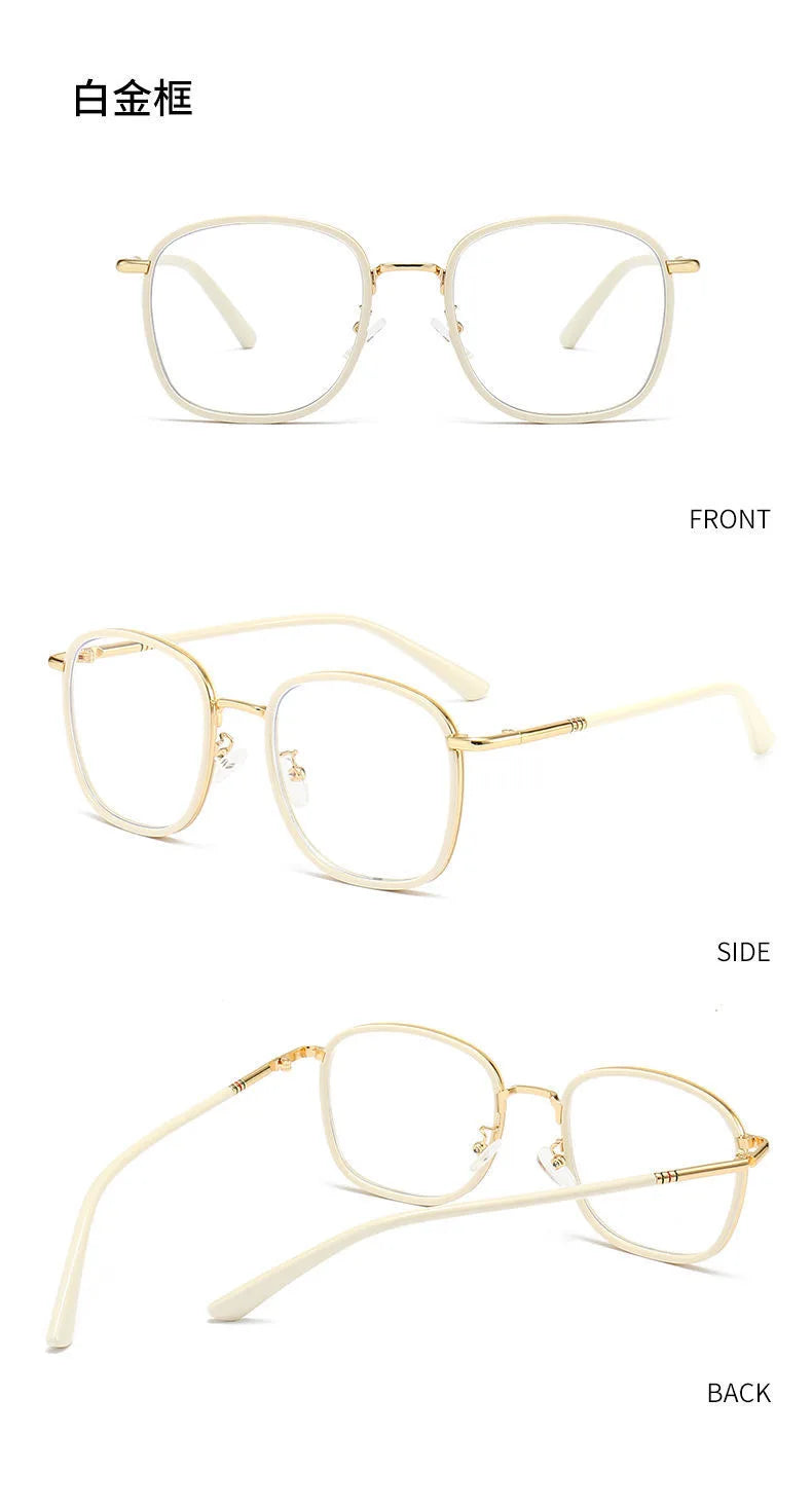 Front, side, and back views of oversized square gold-rimmed reading glasses.