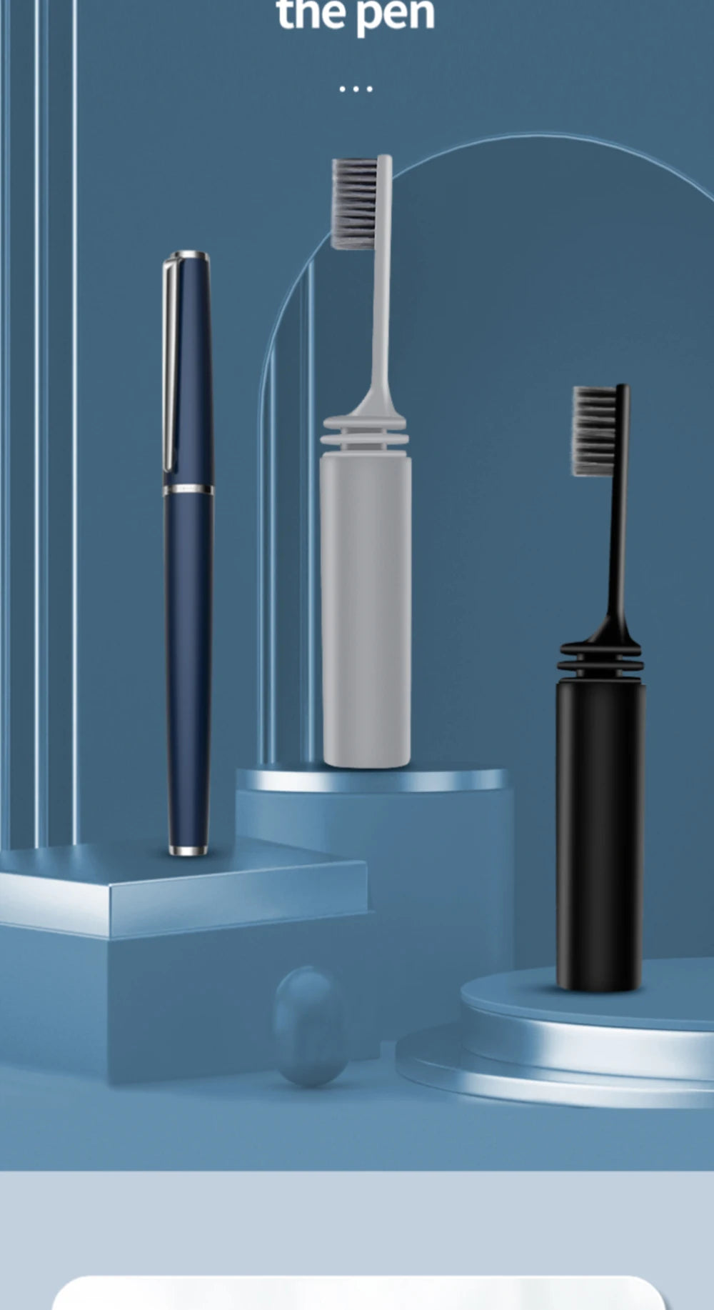 Un set de deux brosses à dents modernes, une bleu foncé et une argentée, exposées sur un piédestal bleu clair.