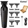 A set of Kemei electric hair trimmers and clippers in various sizes from 1mm to 5mm with accessories.