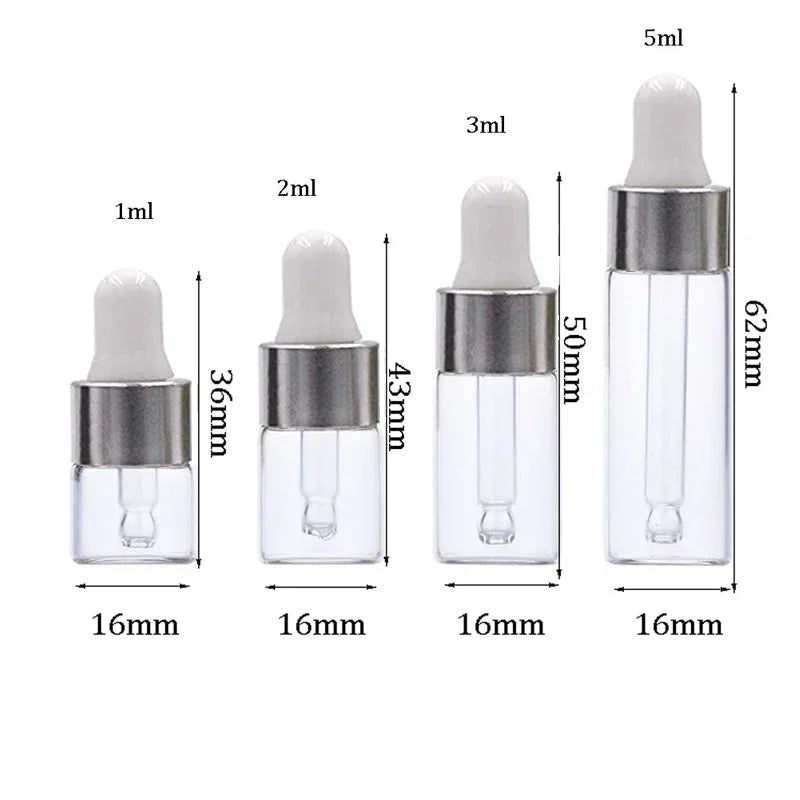 A set of ten glass dropper bottles with silver caps and clear glass bodies, showing various volumes from 1ml to 5ml.