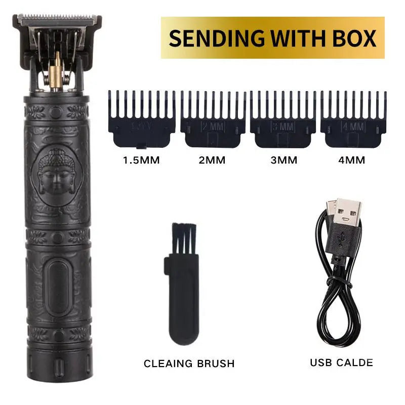 Black electric hair trimmer set including a brush and USB cable for professional grooming