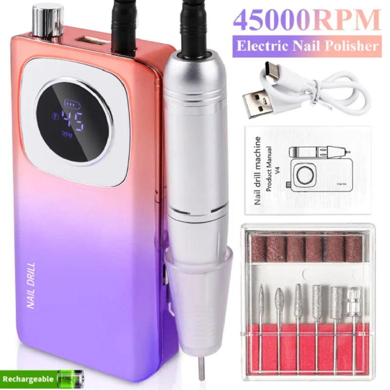 Poli-manicure électrique rechargeable rose et violet avec embout détachable et limes incluses.