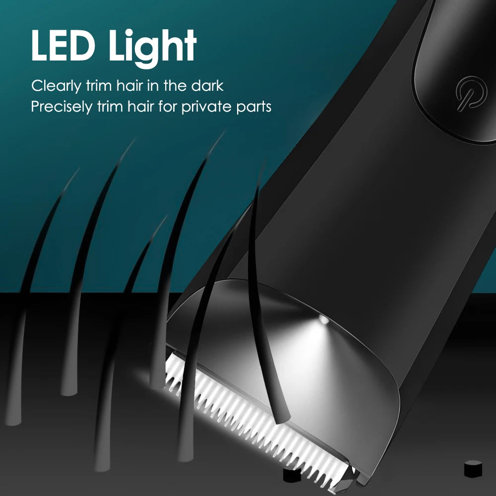 A close-up of an LED light body hair trimmer with a silver blade trimming dark hair on skin.