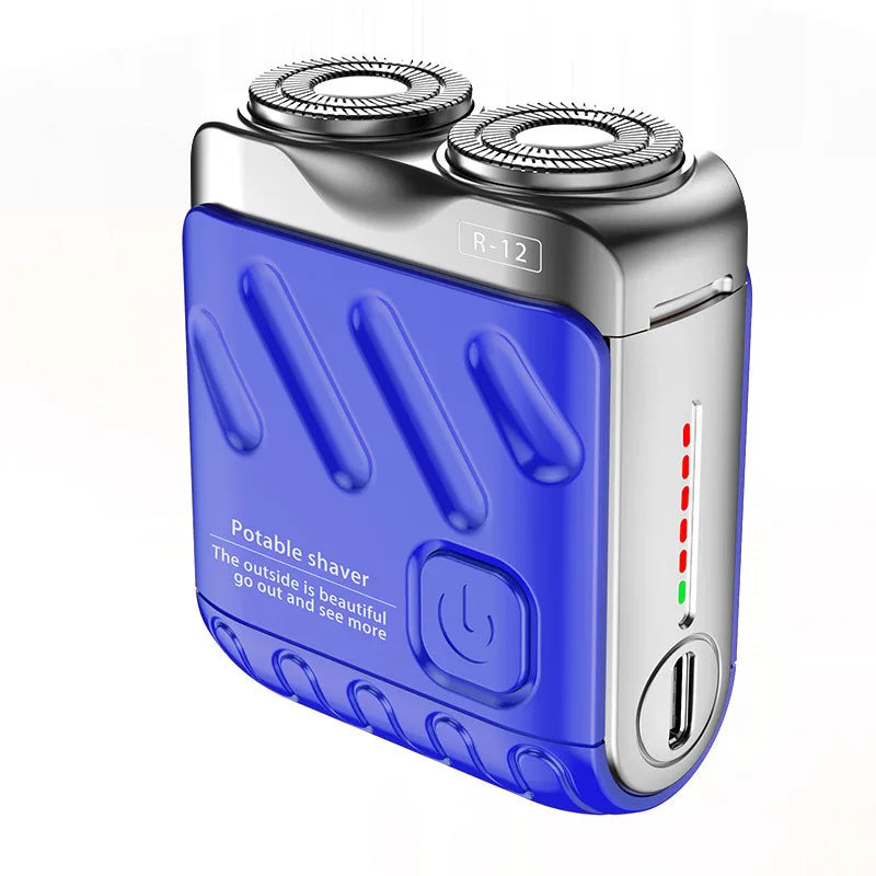 A blue and silver magnetic electric shaver with a removable head is shown from the side.