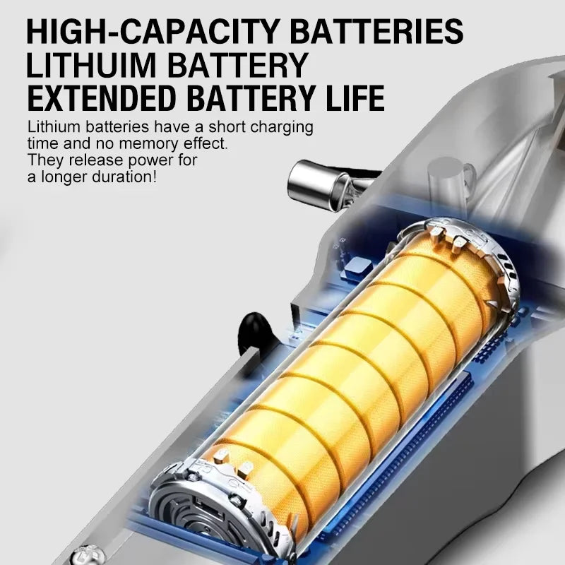 Close-up view of a high-capacity lithium battery pack inside an electric hair clipper.