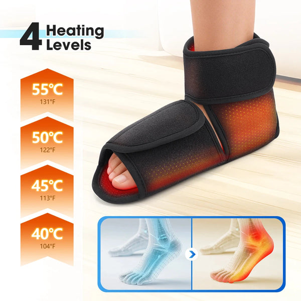 A black heated foot massager is shown on a person's foot, demonstrating four heating levels from 40°C to 55°C.