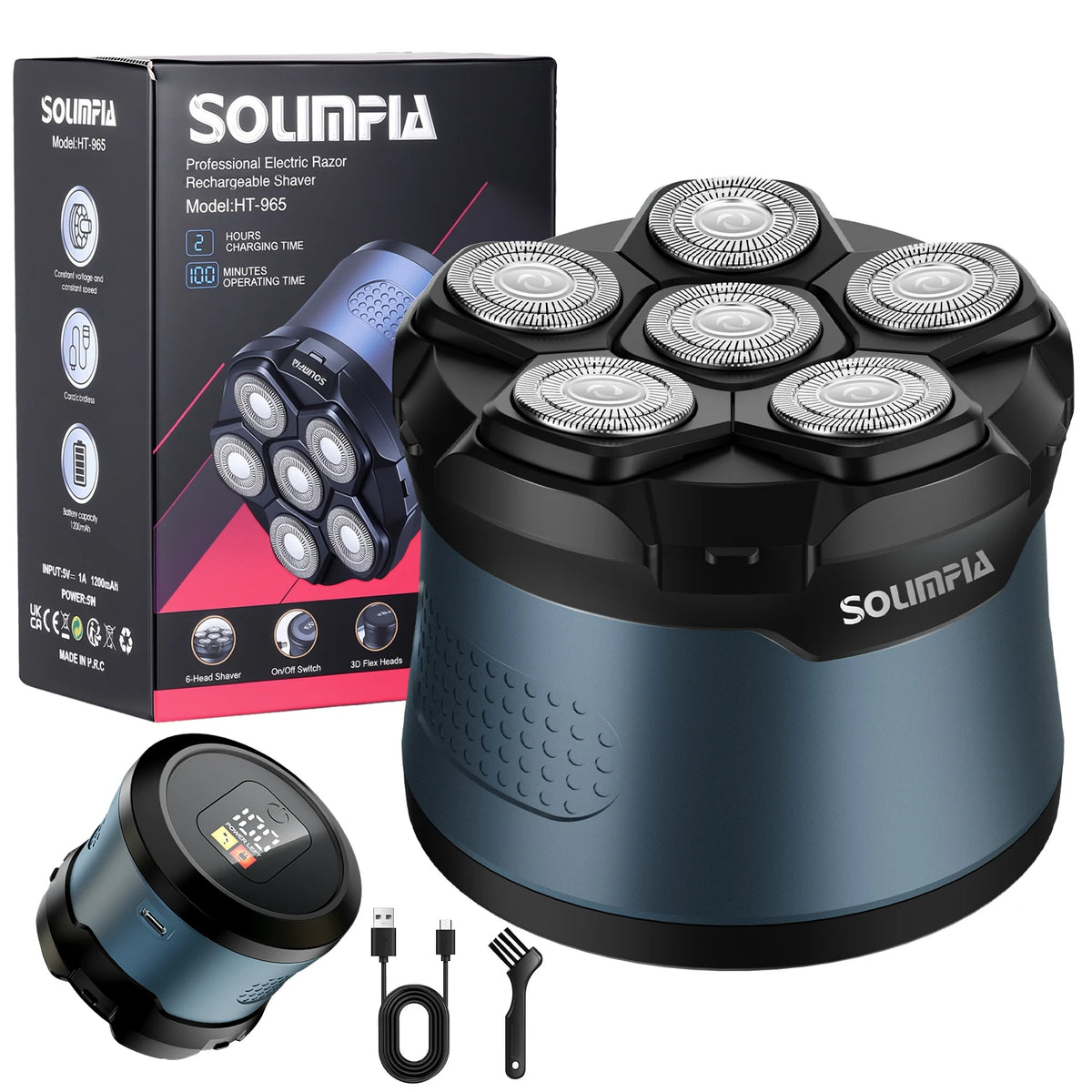 A Solumfia professional electric razor shaver in a dark blue color with accessories and packaging.