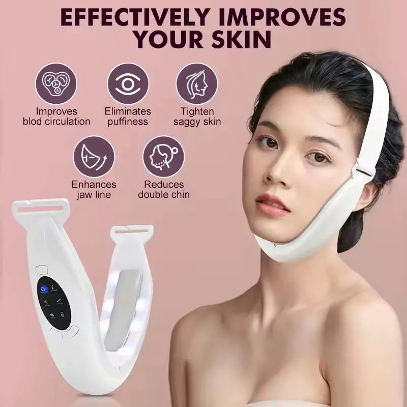 A woman is using a white LED facial lifting and slimming massager device on her face.