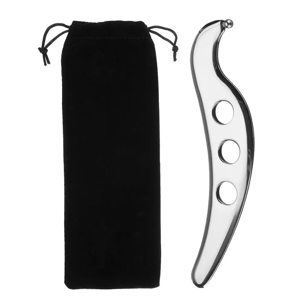 A black fabric Gua Sha massage tool with a curved stainless steel blade for pain relief.