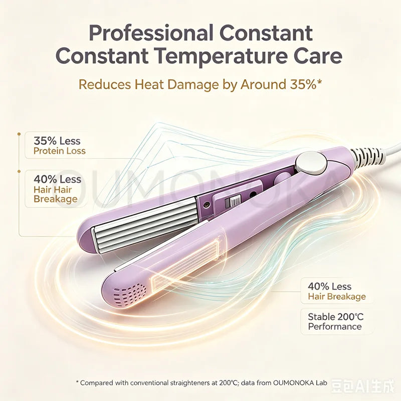 Lila professionelles Glätteisen mit welligen Hitze-Linien, das konstante Temperatur-Care demonstriert.