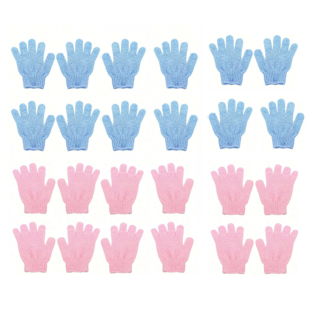 Une collection de gants de gommage corporel exfoliants dans les couleurs bleu clair et rose.
