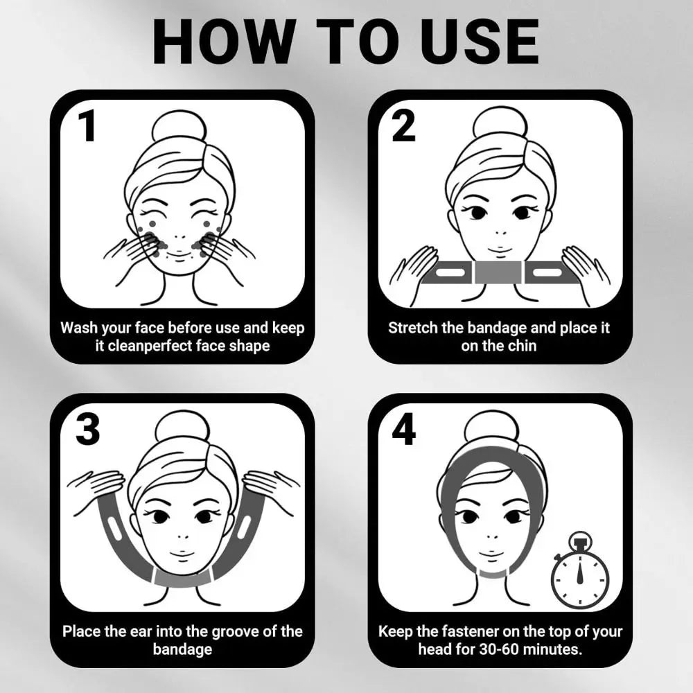 Four steps showing how to use an adjustable face slimming strap for jawline contouring.