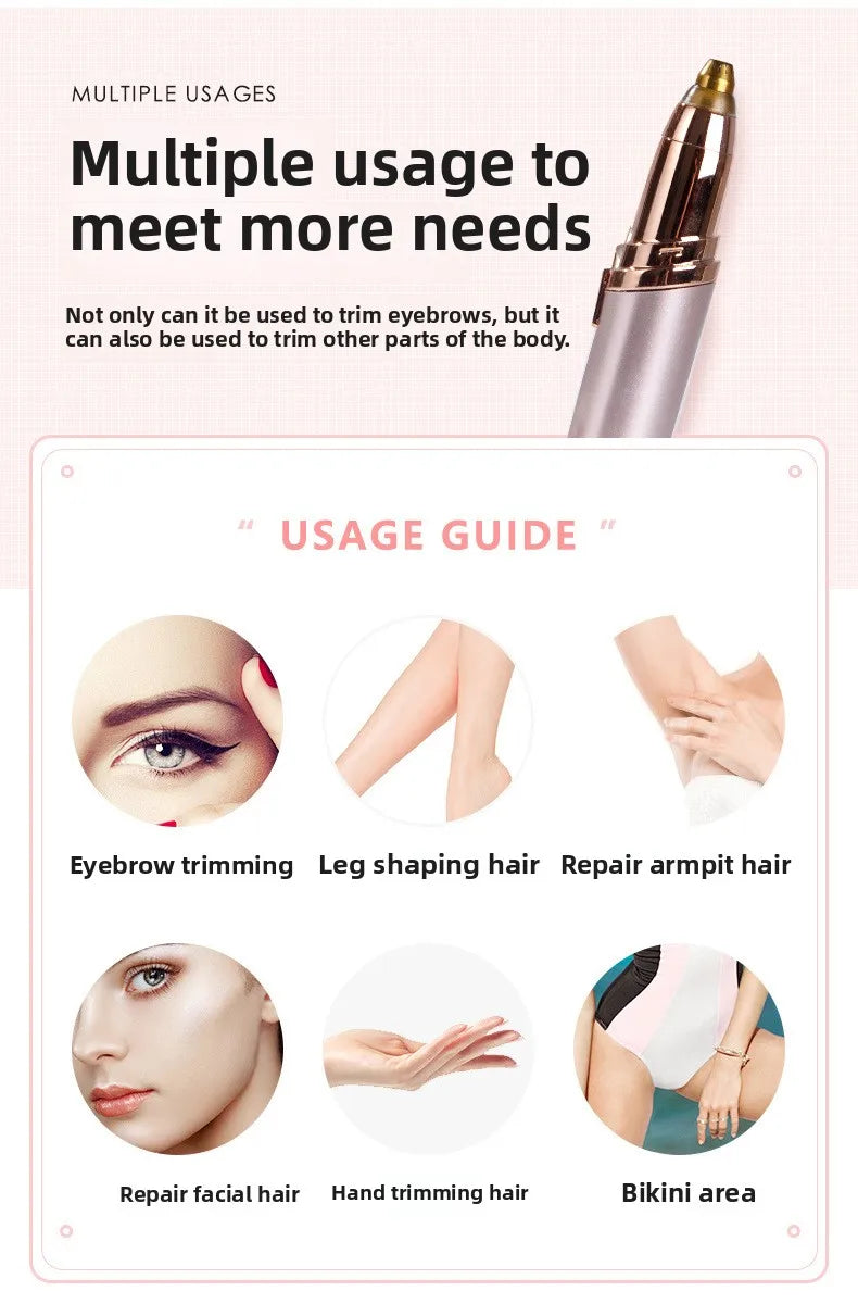 A pink electric trimmer used for eyebrow trimming, leg shaping, hair repair, facial trimming, and bikini area grooming.