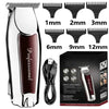 A professional rechargeable beard and hair clipper with various guard attachments shown in a box.