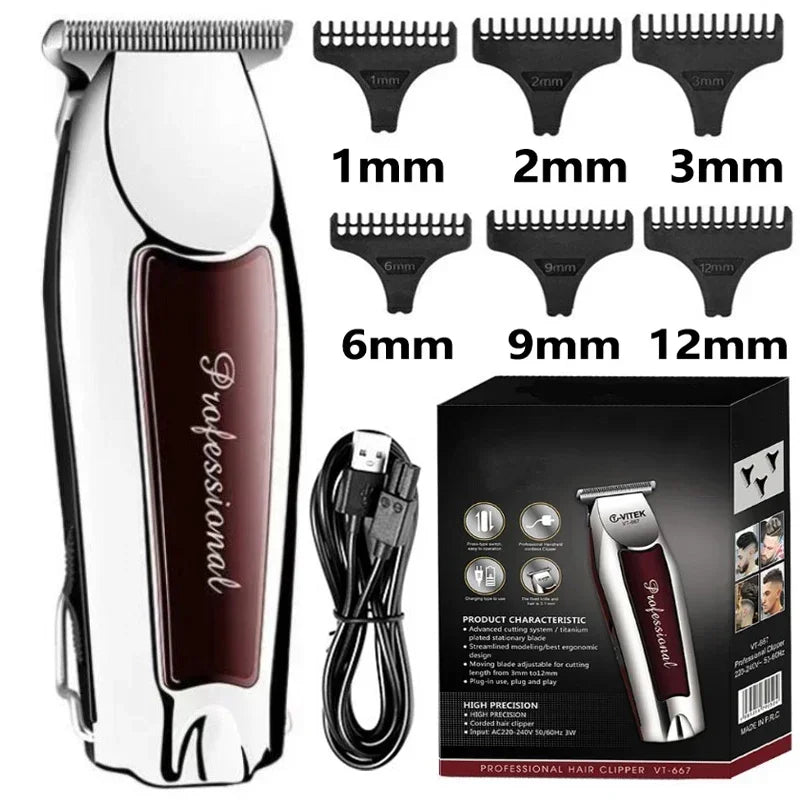 A professional rechargeable beard and hair clipper with various guard attachments shown in a box.