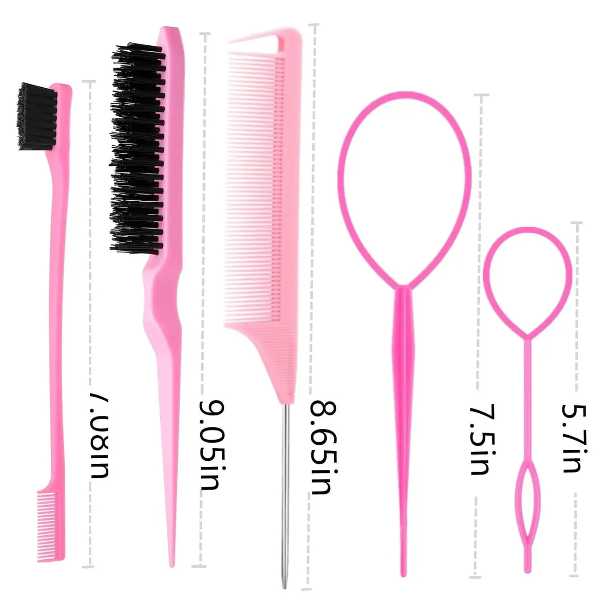 A set of eight pink hair styling tools including a brush, comb, and pick