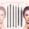 Set von sechs Edelstahl-Blackhead-Extraktoren, Vorher-Nachher-Vergleich auf weiblicher Haut.
