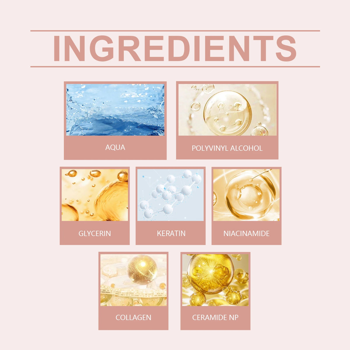 Ingredients list showing Aqua, Polyvinyl Alcohol, Glycerin, Keratin, Niacinamide, Collagen, and Ceramide NP.