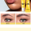 Yellow eyebrow gel product shown next to a model's eye demonstrating before and after results.