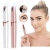 A woman is shown using a pink automatic electric eyebrow trimmer, with close-ups of the tool and application.